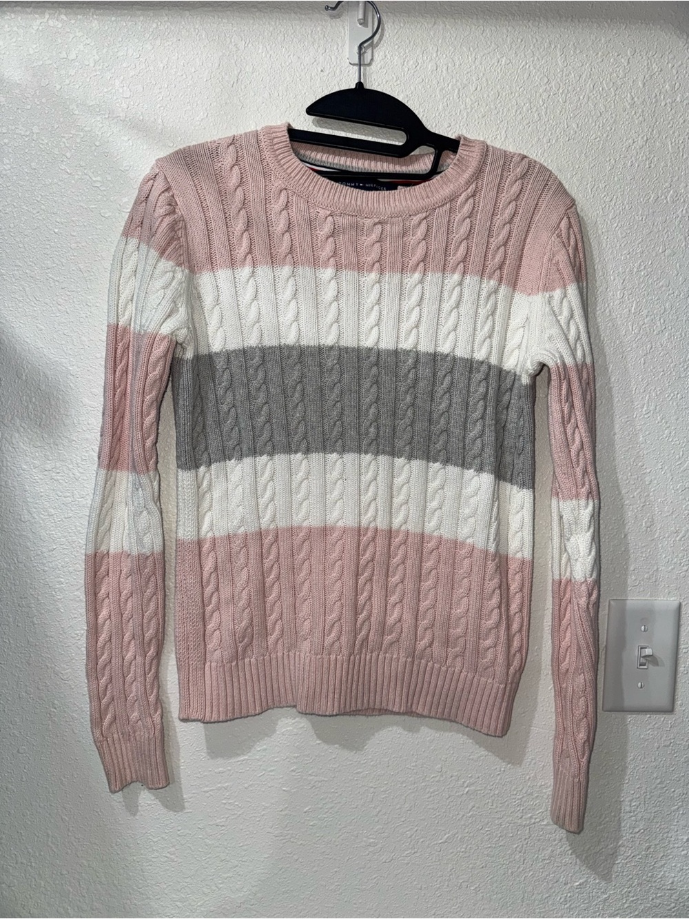 Tommy Hilfiger Pink White Gray Striped Cable-Knit Crew Sweater